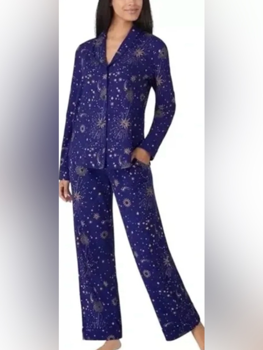 Room Service Ladies' Shawl Collar blue celestial star moon Pajama Set - M
